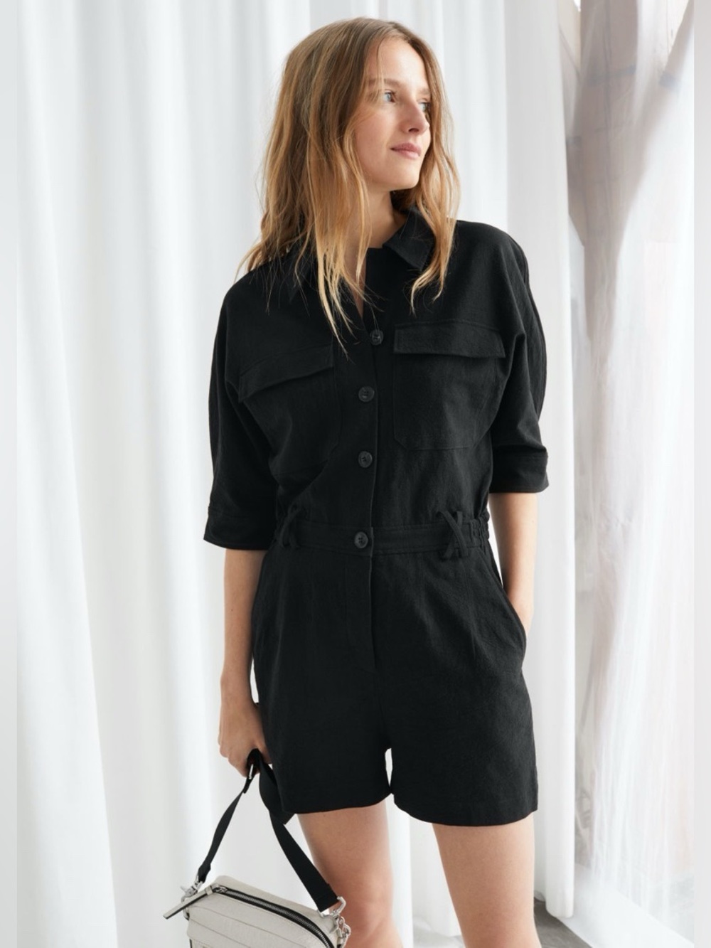 & Other Stories Linen Voluminous Sleeve Romper Black Size 2